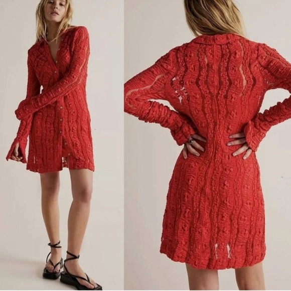 Free People Shayla Lace Mini Dress Red Front Button Wide Split Sleeves - Picture 1 of 12